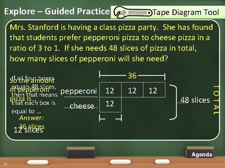 Explore – Guided Practice Tape Diagram Tool Mrs. Stanford is having a class pizza