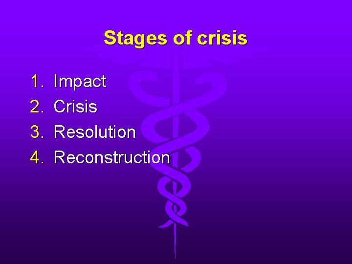 Stages of crisis 1. 2. 3. 4. Impact Crisis Resolution Reconstruction 