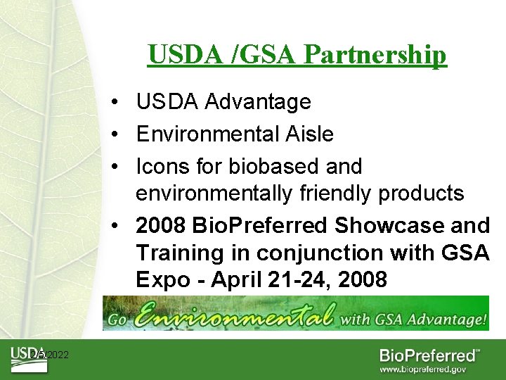 USDA /GSA Partnership • USDA Advantage • Environmental Aisle • Icons for biobased and