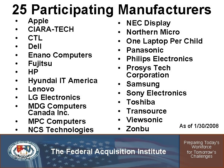 25 Participating Manufacturers • • • • Apple CIARA-TECH CTL Dell Enano Computers Fujitsu