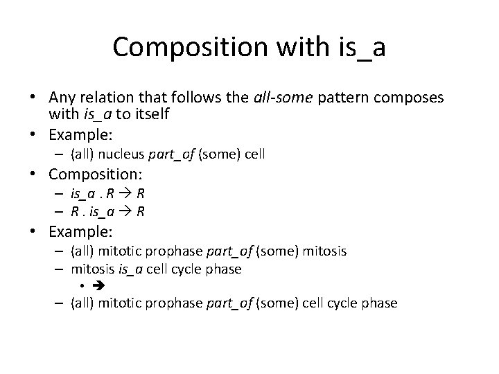 Composition with is_a • Any relation that follows the all-some pattern composes with is_a Composition with is_a • Any relation that follows the all-some pattern composes with is_a