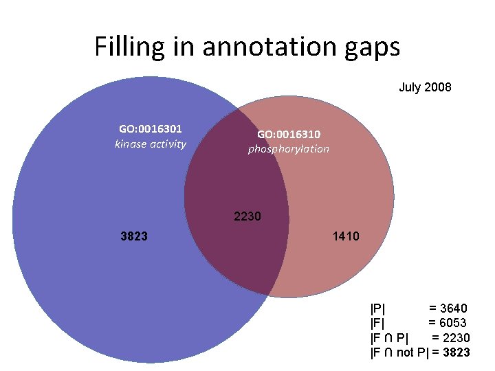 Filling in annotation gaps July 2008 GO: 0016301 kinase activity GO: 0016310 phosphorylation 2230 Filling in annotation gaps July 2008 GO: 0016301 kinase activity GO: 0016310 phosphorylation 2230