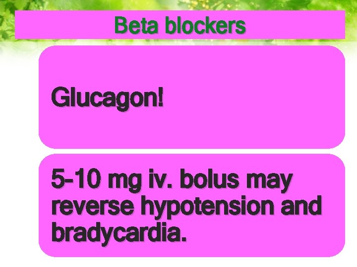 Βeta blockers Glucagon! 5 -10 mg iv. bolus may reverse hypotension and bradycardia. 