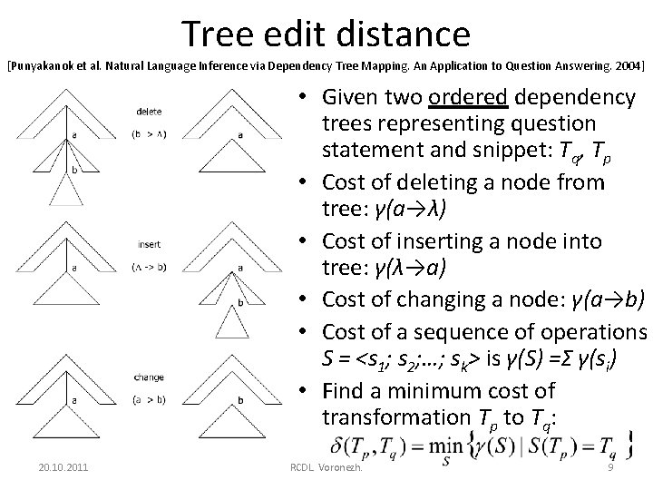 Tree edit distance [Punyakanok et al. Natural Language Inference via Dependency Tree Mapping. An