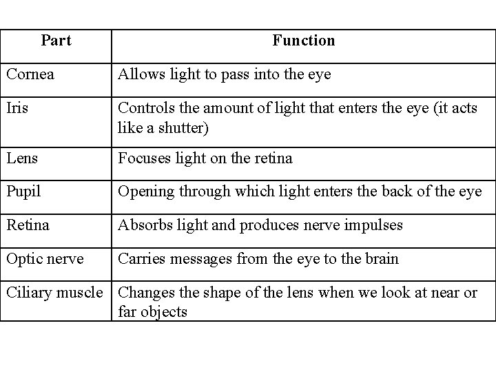 Part Function Cornea Allows light to pass into the eye Iris Controls the amount