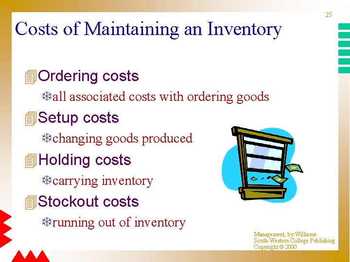 Costs of Maintaining an Inventory 25 4 Ordering costs Tall associated costs with ordering