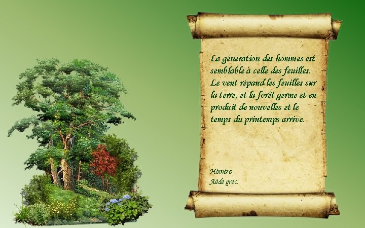 La génération des hommes est semblable à celle des feuilles. Le vent répand les