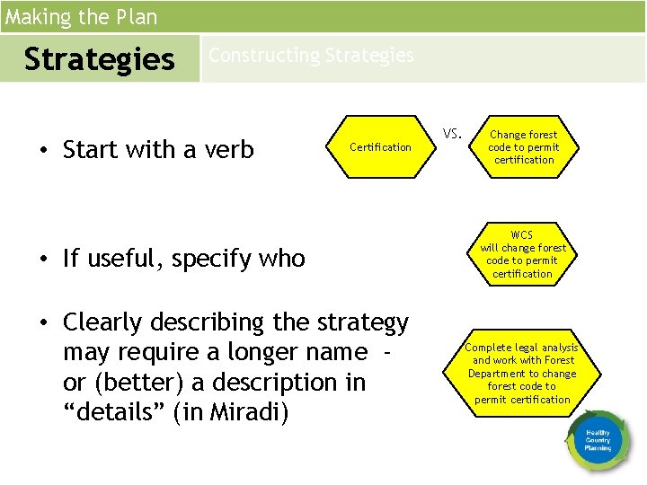 Making the Plan Strategies Constructing Strategies • Start with a verb Certification • If