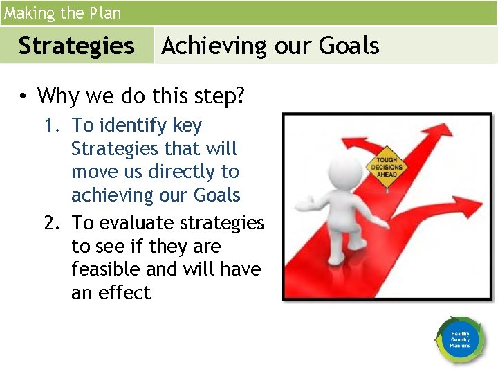 Making the Plan Strategies Achieving our Goals • Why we do this step? 1.