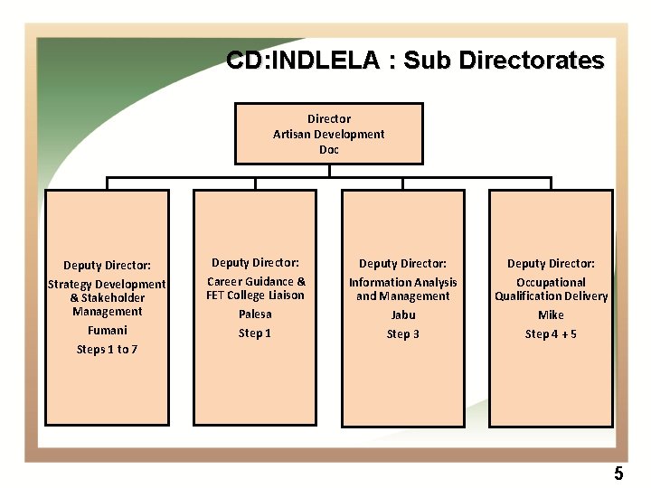 CD: INDLELA : Sub Directorates Director Artisan Development Doc Deputy Director: Strategy Development &