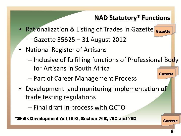 NAD Statutory* Functions • Rationalization & Listing of Trades in Gazette – Gazette 35625