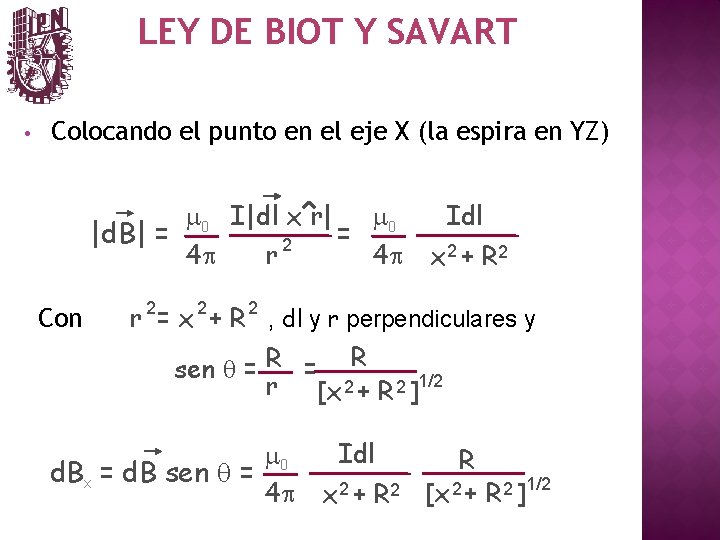 LEY DE BIOT Y SAVART • Colocando el punto en el eje X (la