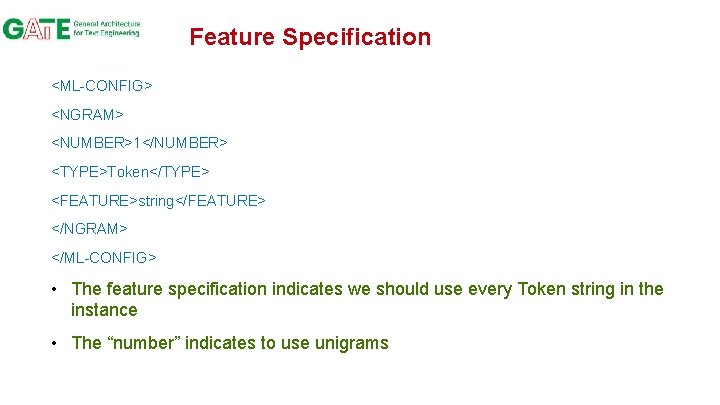 Feature Specification <ML-CONFIG> <NGRAM> <NUMBER>1</NUMBER> <TYPE>Token</TYPE> <FEATURE>string</FEATURE> </NGRAM> </ML-CONFIG> • The feature specification indicates