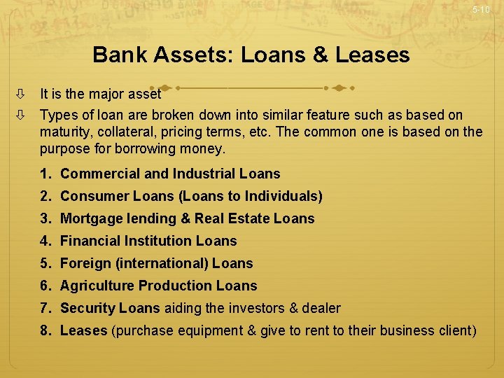 5 -10 Bank Assets: Loans & Leases It is the major asset Types of