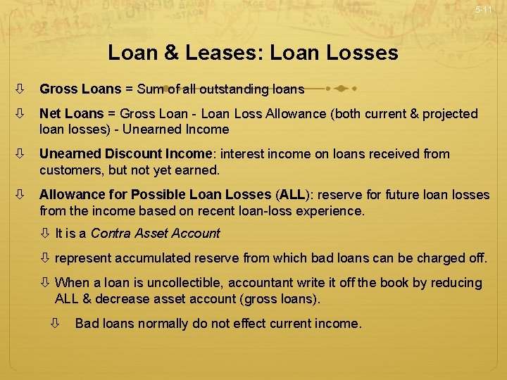 5 -11 Loan & Leases: Loan Losses Gross Loans = Sum of all outstanding