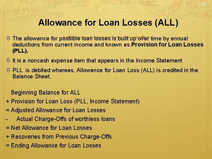 5 -12 Allowance for Loan Losses (ALL) The allowance for possible loan losses is