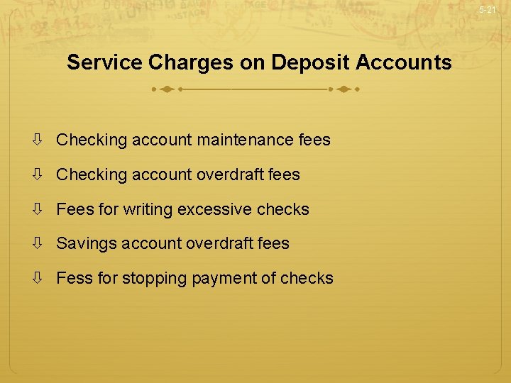 5 -21 Service Charges on Deposit Accounts Checking account maintenance fees Checking account overdraft