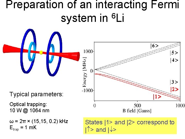 Preparation of an interacting Fermi 6 system in Li Typical parameters: Optical trapping: 10