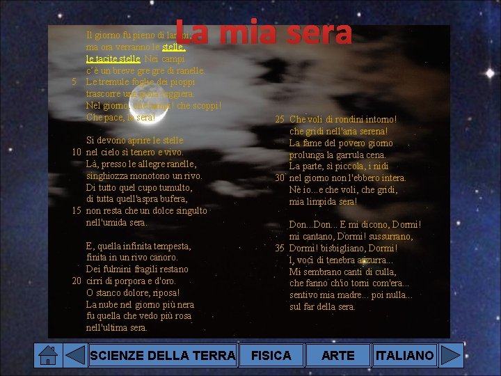 La mia sera Il giorno fu pieno di lampi; ma ora verranno le stelle,