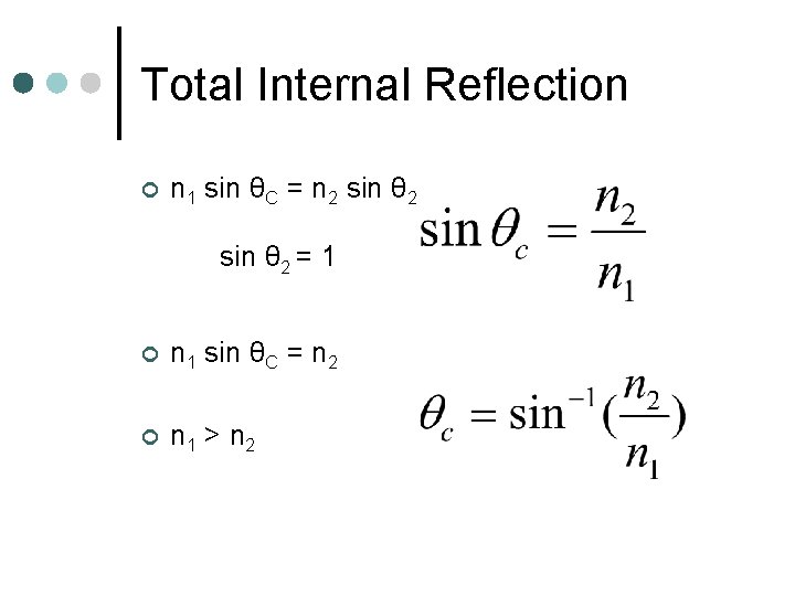 Total Internal Reflection ¢ n 1 sin θC = n 2 sin θ 2