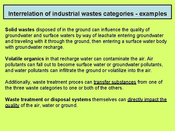 Interrelation of industrial wastes categories - examples Solid wastes disposed of in the ground