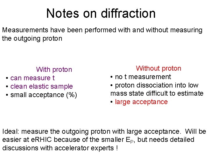 Notes on diffraction Measurements have been performed with and without measuring the outgoing proton