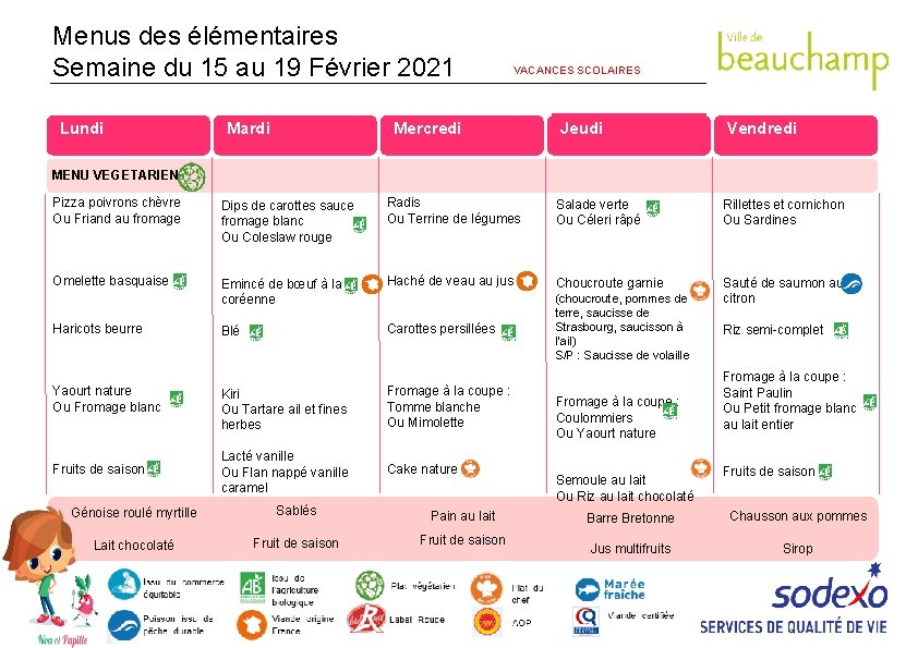 Menus des élémentaires Semaine du 15 au 19 Février 2021 Lundi Mardi VACANCES SCOLAIRES