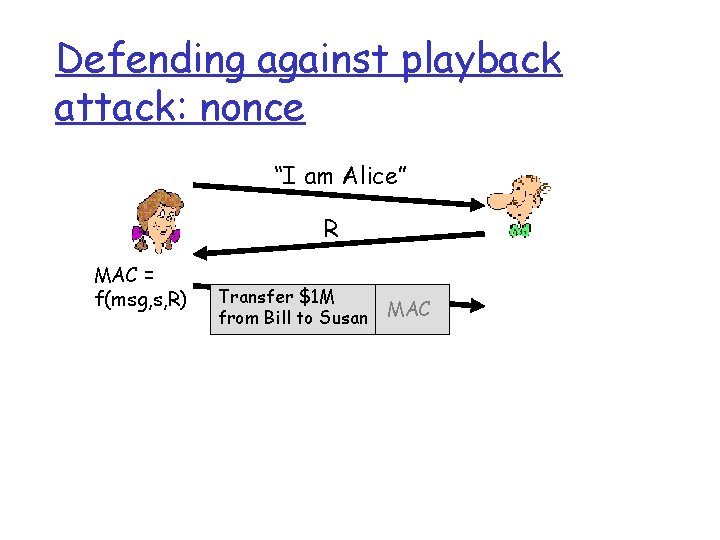 Defending against playback attack: nonce “I am Alice” R MAC = f(msg, s, R)
