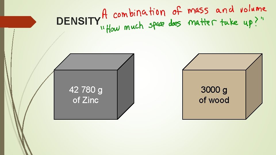 DENSITY 42 780 g of Zinc 3000 g of wood 