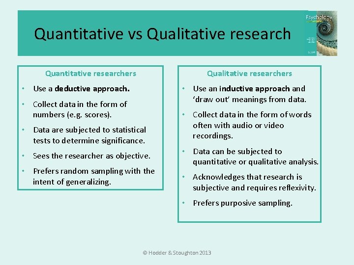 Quantitative vs Qualitative researchers Quantitative researchers • Use an inductive approach and ‘draw out’