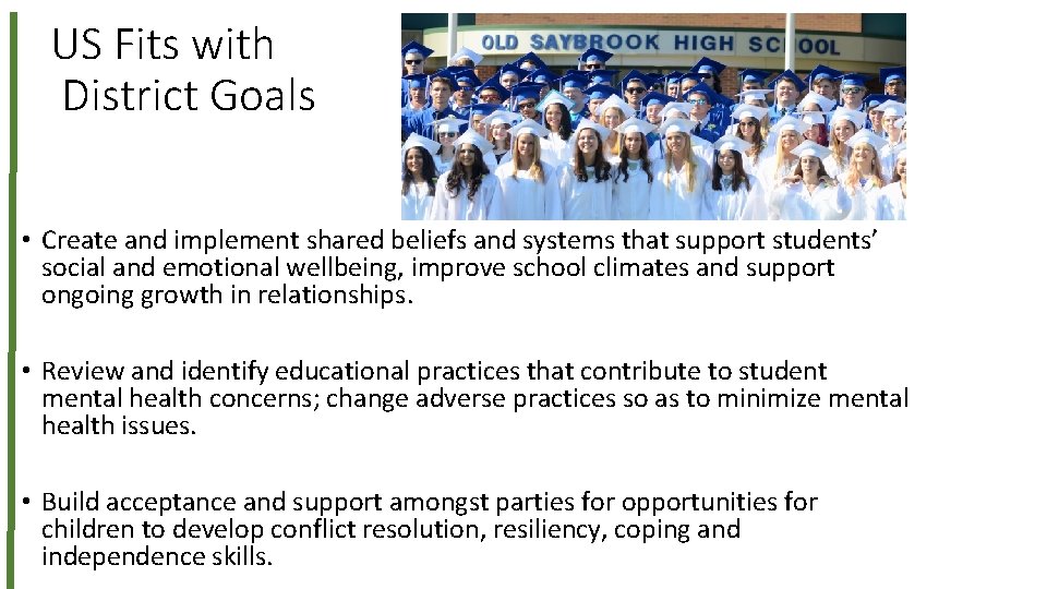 US Fits with District Goals • Create and implement shared beliefs and systems that