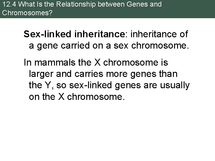 12. 4 What Is the Relationship between Genes and Chromosomes? Sex-linked inheritance: inheritance of