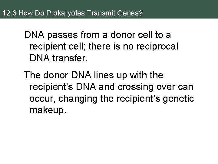 12. 6 How Do Prokaryotes Transmit Genes? DNA passes from a donor cell to