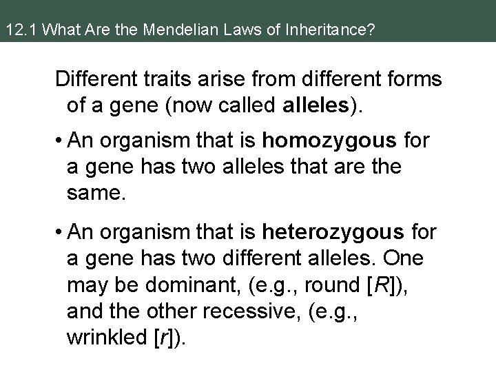 12. 1 What Are the Mendelian Laws of Inheritance? Different traits arise from different