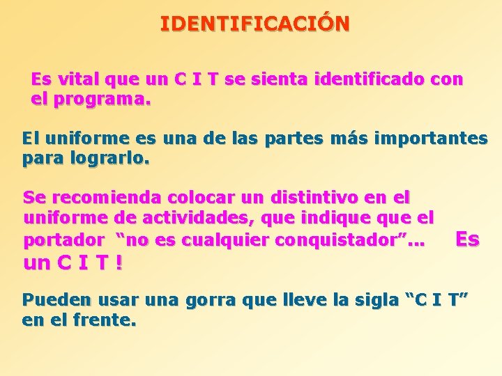 IDENTIFICACIÓN Es vital que un C I T se sienta identificado con el programa.