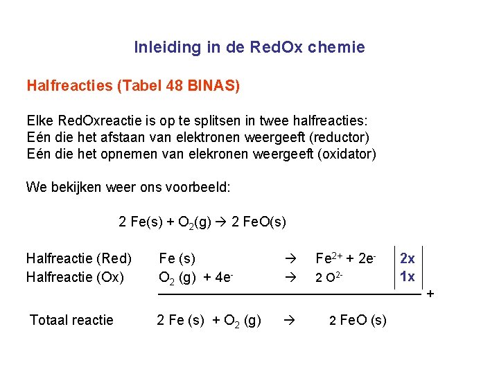 Inleiding in de Red. Ox chemie Halfreacties (Tabel 48 BINAS) Elke Red. Oxreactie is