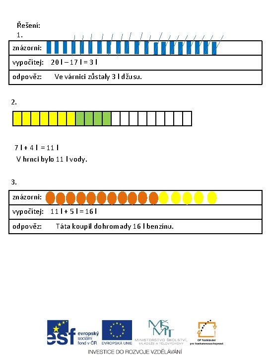Řešení: 1. znázorni: vypočítej: 20 l – 17 l = 3 l odpověz: Ve