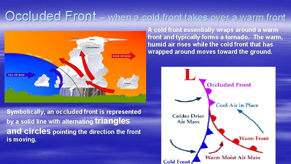 Occluded Front – when a cold front takes over a warm front A cold