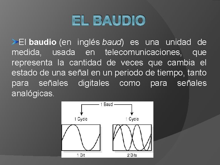 EL BAUDIO El baudio (en inglés baud) es una unidad de medida, usada en