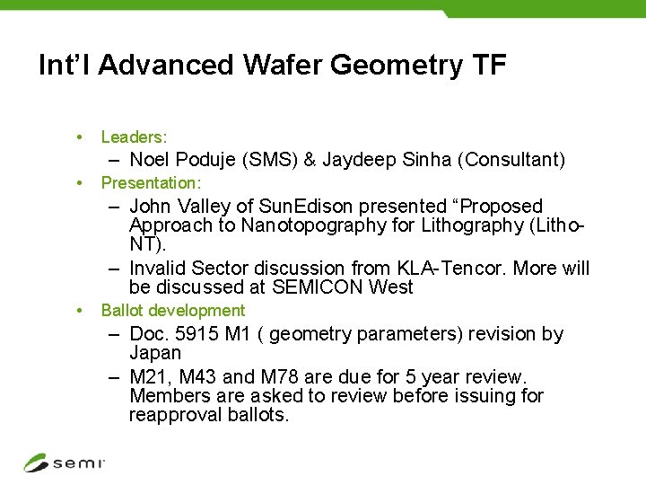 Int’l Advanced Wafer Geometry TF • Leaders: – Noel Poduje (SMS) & Jaydeep Sinha