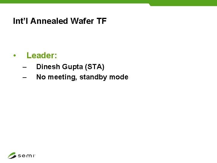 Int’l Annealed Wafer TF • Leader: – – Dinesh Gupta (STA) No meeting, standby