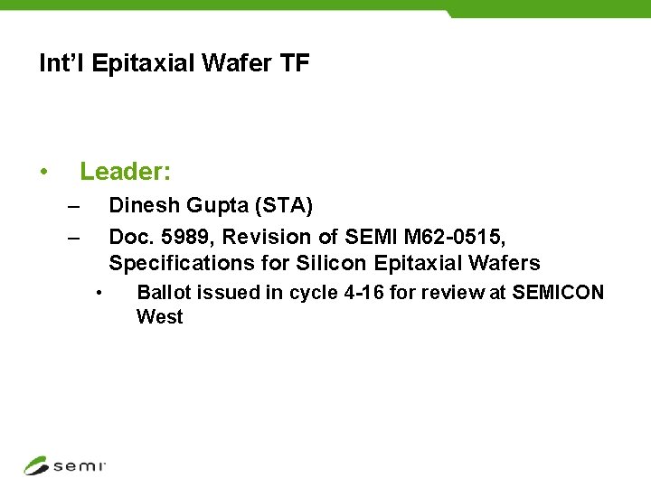 Int’l Epitaxial Wafer TF • Leader: – – Dinesh Gupta (STA) Doc. 5989, Revision