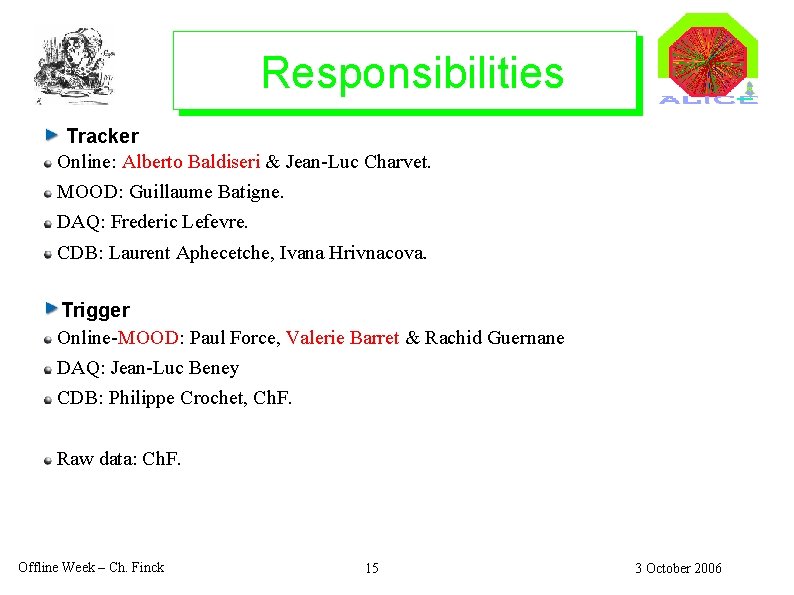 Responsibilities Tracker Online: Alberto Baldiseri & Jean-Luc Charvet. MOOD: Guillaume Batigne. DAQ: Frederic Lefevre.