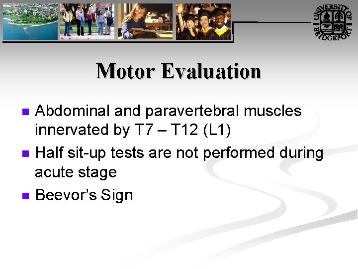 Motor Evaluation n Abdominal and paravertebral muscles innervated by T 7 – T 12