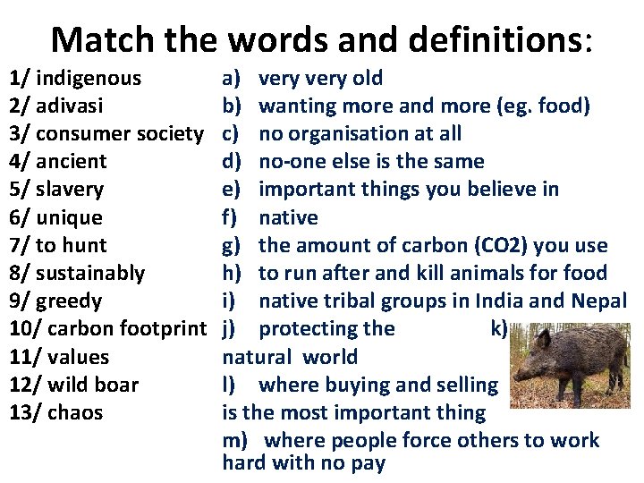 Match the words and definitions: 1/ indigenous 2/ adivasi 3/ consumer society 4/ ancient