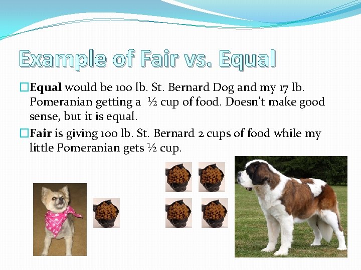 Example of Fair vs. Equal �Equal would be 100 lb. St. Bernard Dog and