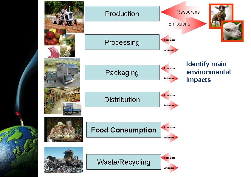 Resources Production Emissions Processing Resources Emissions Packaging Resources Emissions Distribution Resources Emissions Food Consumption
