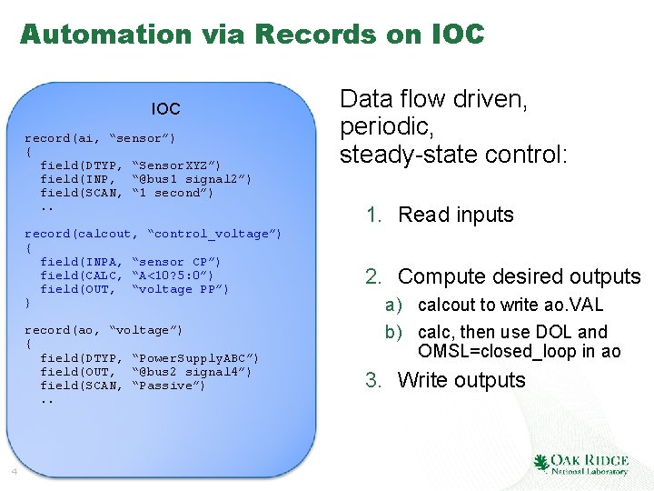 Automation via Records on IOC record(ai, “sensor”) { field(DTYP, “Sensor. XYZ”) field(INP, “@bus 1