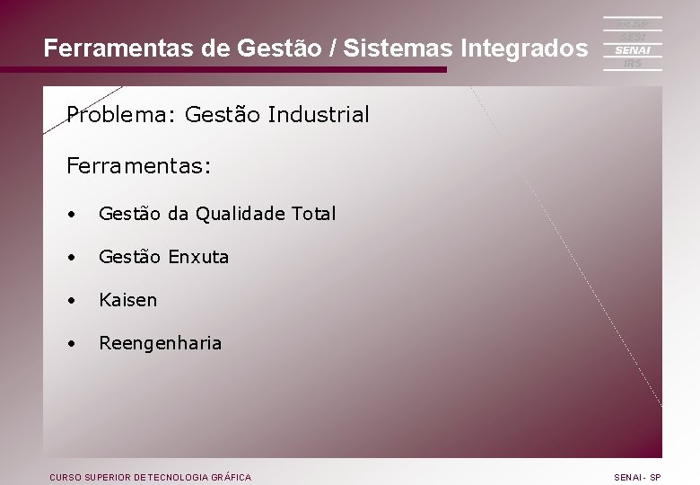 Ferramentas de Gestão / Sistemas Integrados Problema: Gestão Industrial Ferramentas: • Gestão da Qualidade