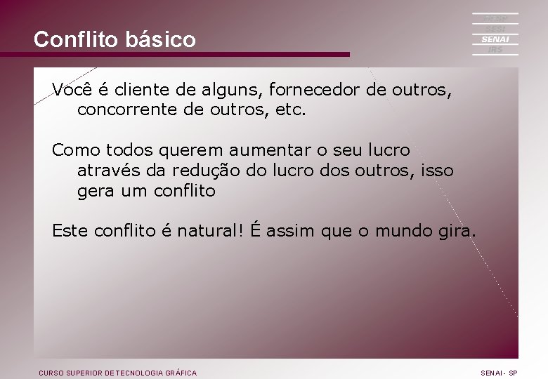 Conflito básico Você é cliente de alguns, fornecedor de outros, concorrente de outros, etc.